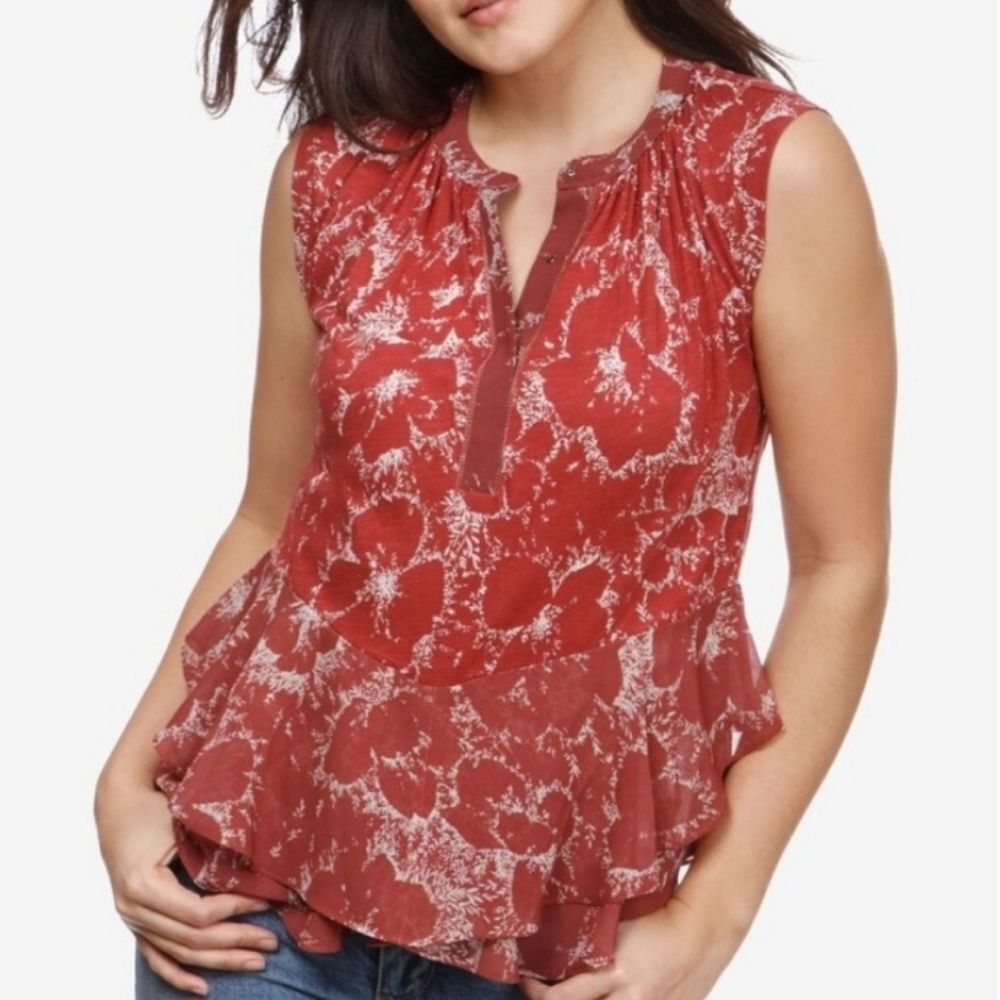 Lucky Brand Sleeveless Terracota Floral Poppies Flowy Button Neck Tank Sz M - Picture 2 of 14